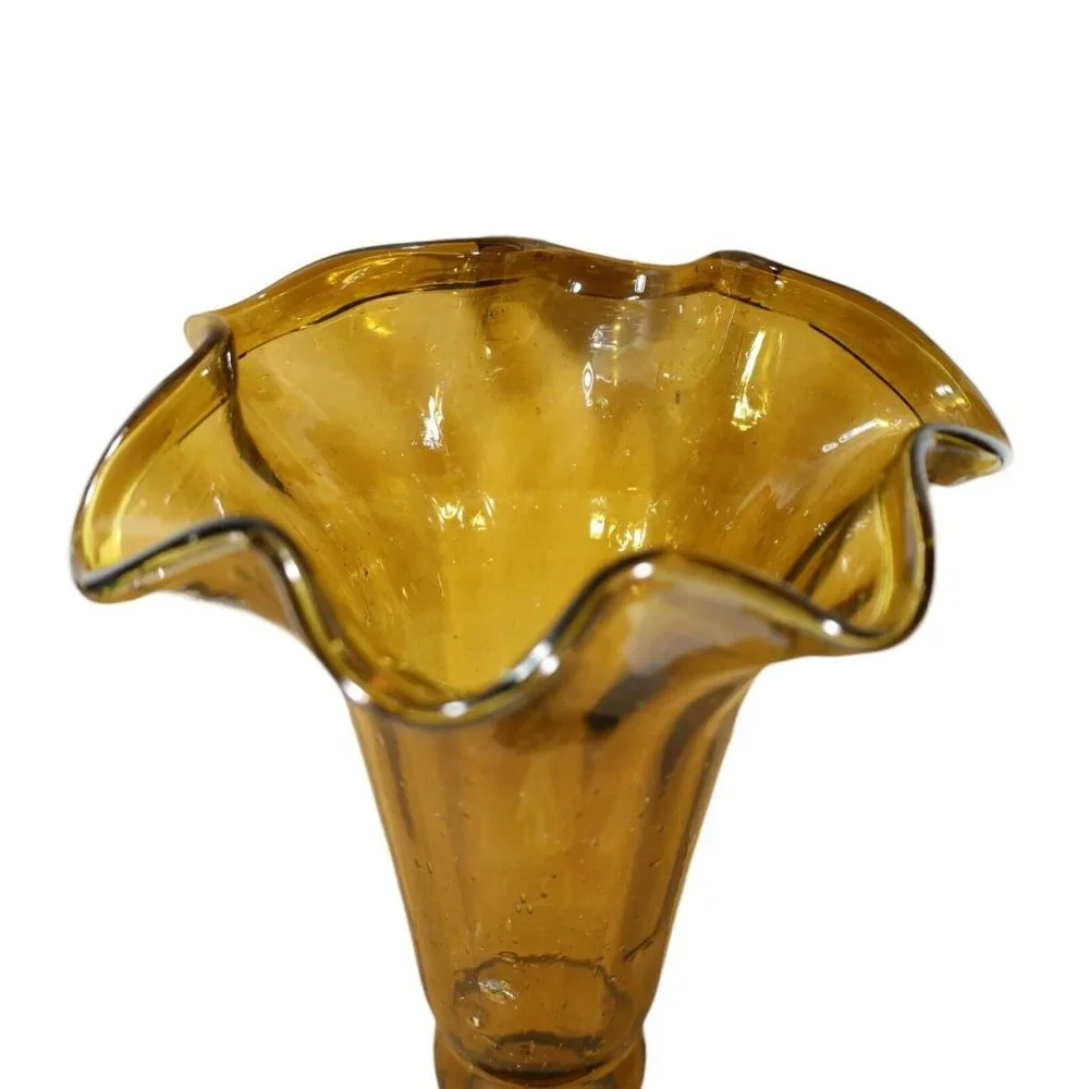 Scalloped Bubble Glass Amber Flower Vase Trumpet Beaded Stem 12